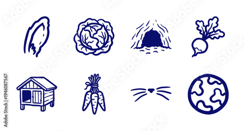 Hand-drawn rabbit care and woodland nature elements for rustic branding. Naive marker sketch illustrations featuring hutch, carrots, and forest motifs.