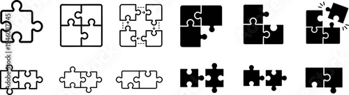 Puzzle Piece and Jigsaw Vector Icon Set — Collaboration, Integration, Problem Solving and Business Solution Editable Stroke Icons for Web and App UI