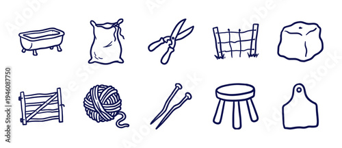 Hand-drawn rustic garden and farm equipment for organic brand identity. Naive marker sketch illustrations of backyard tools and rural life elements.