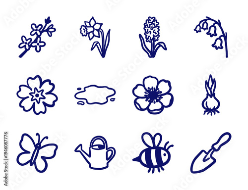 Hand-drawn spring garden and floral elements for organic brand identity. Rustic, naive marker sketch illustrations of flowers, insects, and tools.