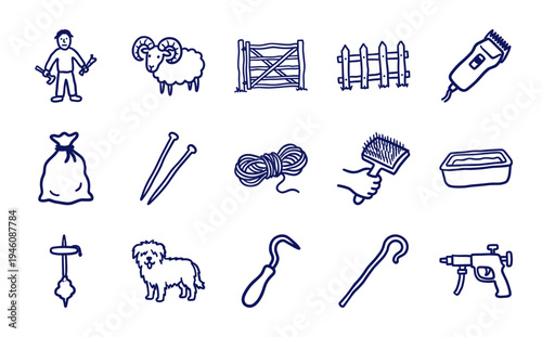 Hand-drawn sheep farming and wool production elements in a rustic naive doodle style featuring livestock, shearing tools, and textile equipment.