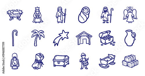 Hand-drawn Christmas nativity scene elements for religious storytelling. Rustic blue ink doodle illustrations featuring baby Jesus, wise men, and manger symbols.