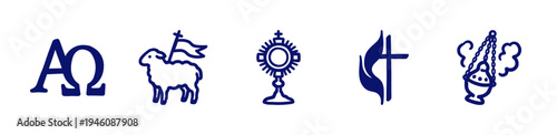 Christian religious symbols and liturgical elements for church branding. Hand-drawn blue ink style featuring Alpha Omega, Agnus Dei, monstrance, and censer.