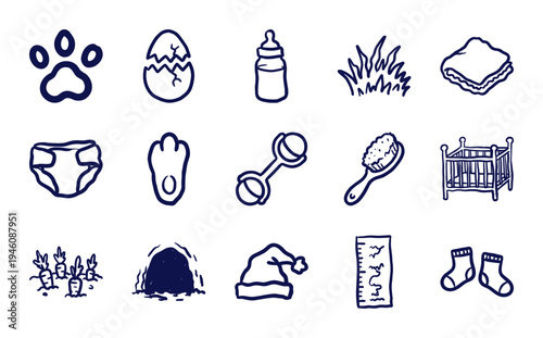 Hand-drawn baby and nursery care elements with naive doodle aesthetic. Rustic marker sketch illustrations featuring infant essentials and newborn items.