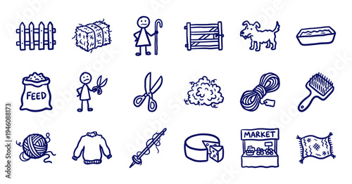 Hand-drawn sheep farming and wool production elements in a naive doodle style. Rustic marker sketch illustrations for rural agriculture and knitting crafts.