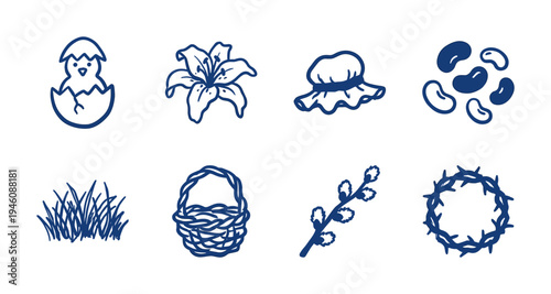 Easter and Spring religious celebration elements in a rustic hand-drawn doodle style. Naive blue marker sketches featuring resurrection and seasonal nature concepts.