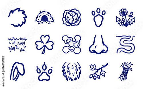 Rabbit and burrowing animal life elements for nature education. Rustic, naive marker sketch illustrations featuring woodland habitat and rabbit concepts.