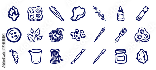 Hand-drawn crafting and botanical elements for organic brand identity. Rustic, naive marker sketch illustrations featuring sewing, gardening, and DIY hobby tools.