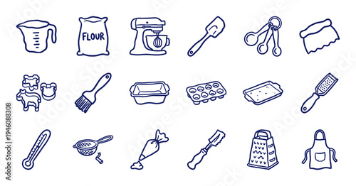 Hand-drawn baking and pastry equipment for rustic kitchen branding. Naive blue marker sketch illustrations featuring culinary tools and dessert preparation.