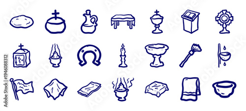Hand-drawn Catholic liturgical symbols and church altar elements for religious education. Rustic naive marker sketch illustrations of chalice, monstrance, and tabernacle.
