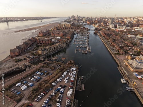 Brunswick Dock Liverpool Drone View of Waterfront and Open Dock Water