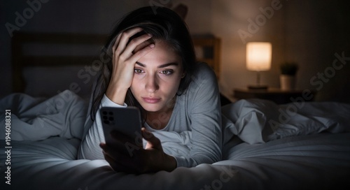 Worried Woman Looking at Smartphone in Bed at Night