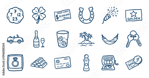 Hand-drawn lottery and wealth elements for organic brand identity. Rustic, naive marker sketch illustrations featuring gambling, luck, and luxury success concepts.
