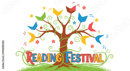 Vector reading festival tree logo with colorful birds