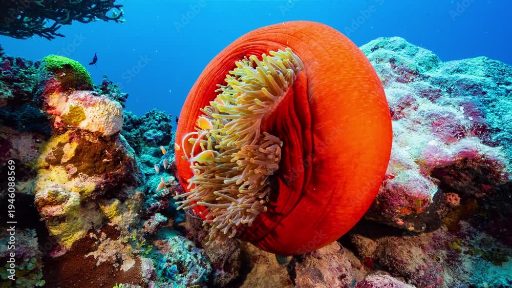 custom made wallpaper toronto digitalUnderwater shot of a bright red anemone with yellow tentacles and a family of clownfish on a reef in Palau
