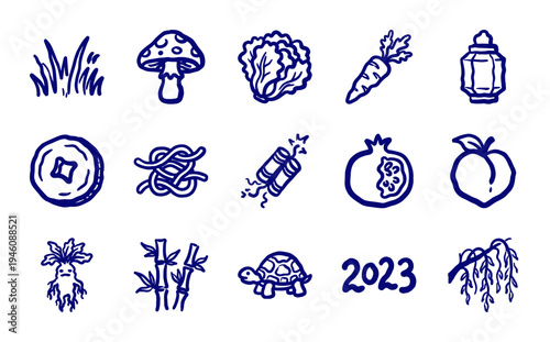 Hand-drawn botanical and cultural symbols in a rustic naive doodle style. Clumsy marker sketch illustrations featuring vegetables, plants, and traditional folklore elements.