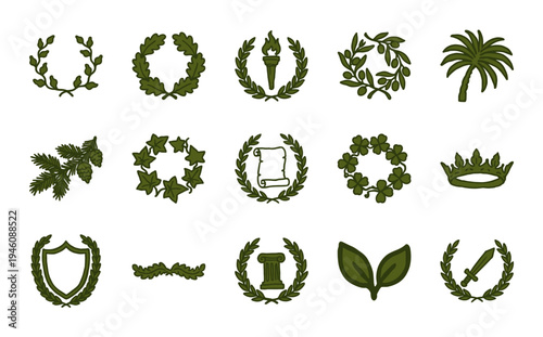 Hand-drawn botanical wreaths and heraldic symbols for organic brand identity. Rustic, naive marker sketch illustrations featuring laurel, olive, and oak branches.