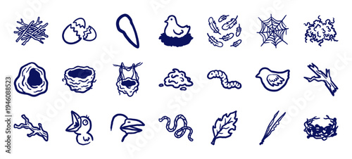 Hand-drawn bird nest and avian life elements for organic branding. Rustic, naive marker sketch illustrations featuring eggs, twigs, and feathers.