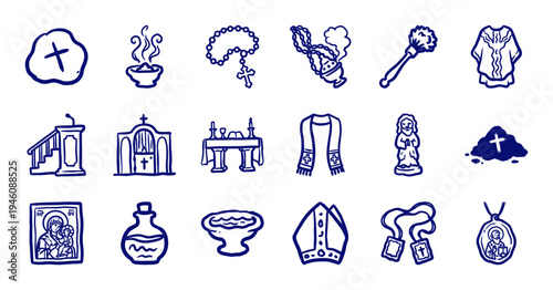 Hand-drawn Catholic liturgical symbols and religious artifacts for spiritual branding. Rustic naive marker sketch illustrations of church rituals.