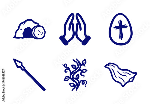 Hand-drawn Easter and Christian religious elements for church branding. Rustic, naive marker sketch illustrations featuring resurrection and faith concepts.