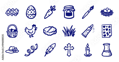 Easter holiday and spring celebration elements in a naive blue marker sketch style. Rustic hand-drawn doodles featuring eggs, chicks, and seasonal treats.