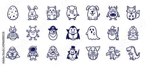 Whimsical hand-drawn character doodles for creative storytelling. Naive marker sketch illustrations featuring monsters, animals, and fantasy figures.