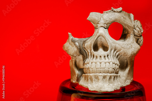 Fotografi Creepy Melted Skull Candle on Red Background