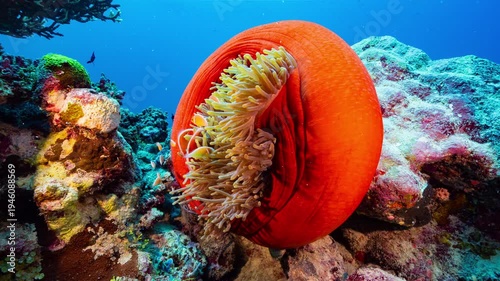 Wallpaper Mural Underwater shot of a bright red anemone with yellow tentacles and a family of clownfish on a reef in Palau Torontodigital.ca