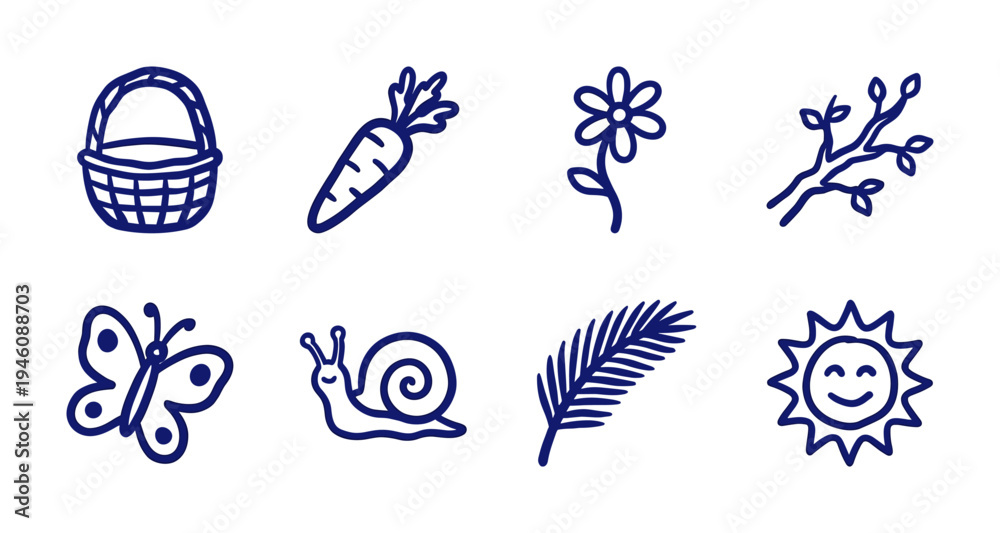 Fototapeta premium Hand-drawn nature and garden elements in a naive blue marker style. Rustic, crude doodle illustrations featuring spring flora, insects, and harvest themes.