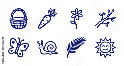 Hand-drawn nature and garden elements in a naive blue marker style. Rustic, crude doodle illustrations featuring spring flora, insects, and harvest themes.