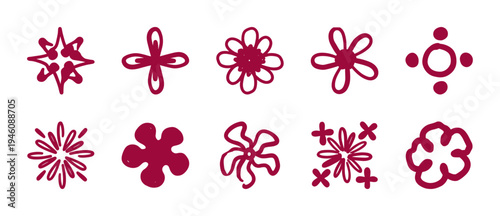 Hand-drawn organic floral and starburst doodles for rustic brand identity. Naive marker sketch illustrations featuring botanical and celestial motifs.