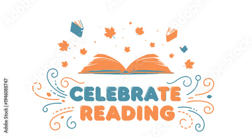 Vector Celebrate Reading logo with book, leaves, and decorative elements