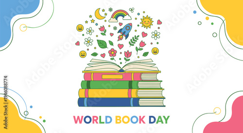 Vector World Book Day illustration with books and flowers