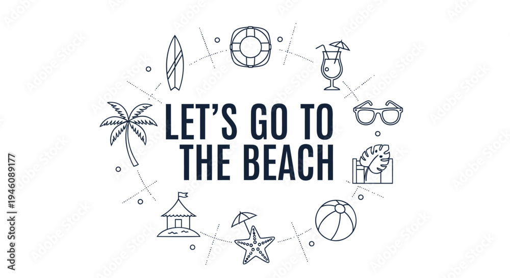 Obraz premium Set of 12 beach icons vector, LET'S GO TO THE BEACH