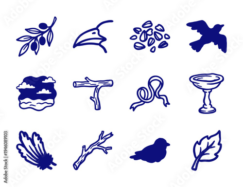Rustic hand-drawn bird and nature elements for organic brand identity. Naive blue marker sketch illustrations featuring avian life and botanical motifs.