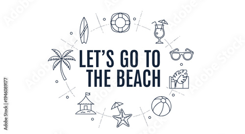 Set of 12 beach icons vector, LET'S GO TO THE BEACH