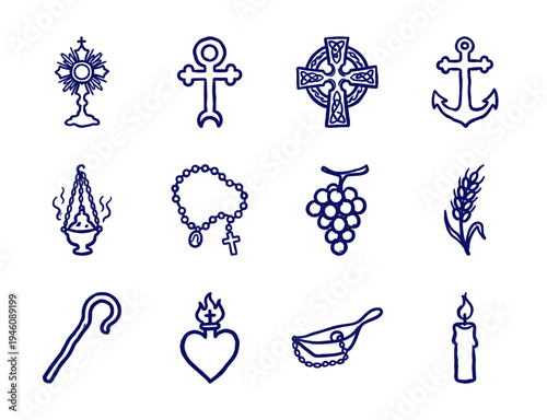 Hand-drawn Christian religious symbols and liturgical elements for spiritual branding. Rustic naive marker sketch illustrations of faith concepts.