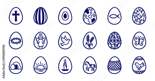Hand-drawn Easter eggs with religious and nature symbols for seasonal branding. Rustic, naive marker sketch illustrations featuring Christian and spring motifs.