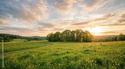 green grass field, sunny summer day, blue sky clouds, natural landscape view, peaceful rural scene, golden hour light, rolling green hills, wild meadow flowers, bright outdoor space, lonely tree line