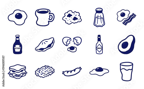 Hand-drawn American breakfast and classic diner elements for organic branding. Rustic naive marker sketch illustrations featuring eggs, bacon, and coffee.