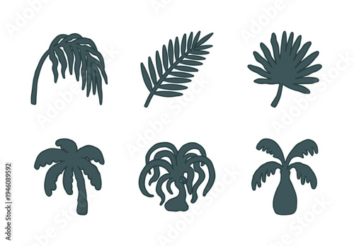 Hand-drawn tropical palm leaf and exotic tree illustrations for summer branding. Rustic naive marker sketch elements with organic forest shapes.
