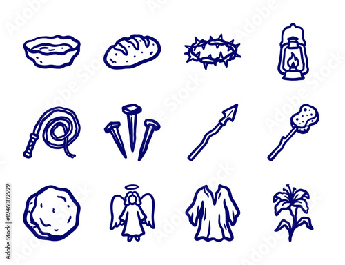 Hand-drawn Christian Easter and Passion of Christ elements in a rustic doodle style. Naive marker sketch illustrations of religious symbols.