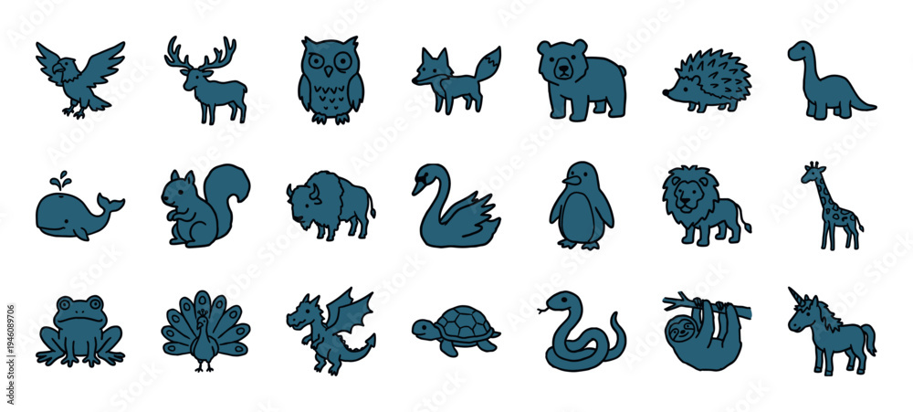 Fototapeta premium Hand-drawn dark teal animal silhouettes for organic brand identity. Rustic naive marker sketch illustrations featuring wildlife and mythical creatures.
