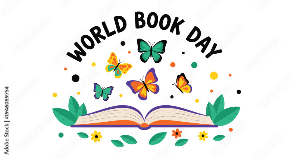 Fototapeta premium World Book Day vector illustration, colorful book and butterflies