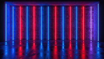 A dark room illuminated by vertical red and blue neon lights against a brick wall, casting reflections on the wet floor.