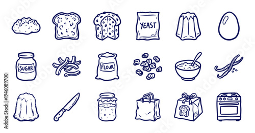 Hand-drawn Italian holiday baking and artisanal bread elements for festive branding. Rustic naive marker sketch of panettone, pandoro, and bakery ingredients.