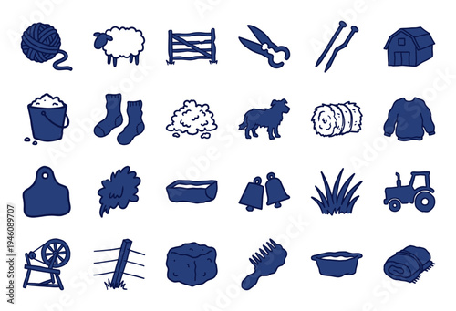 Hand-drawn sheep farming and wool production elements for rustic brand identity. Naive marker sketch illustrations featuring livestock and knitting concepts.