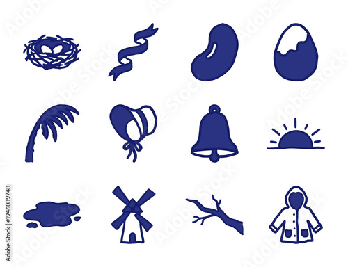 Hand-drawn rustic spring and garden elements featuring naive doodle sketches of a nest, watering can, windmill, and seasonal nature icons.