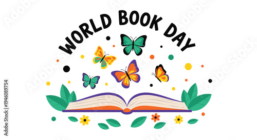 World Book Day vector illustration, colorful book and butterflies