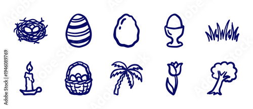 Hand-drawn Easter and spring nature elements for rustic holiday branding. Naive marker sketch illustrations featuring eggs, nest, and botanical garden motifs.